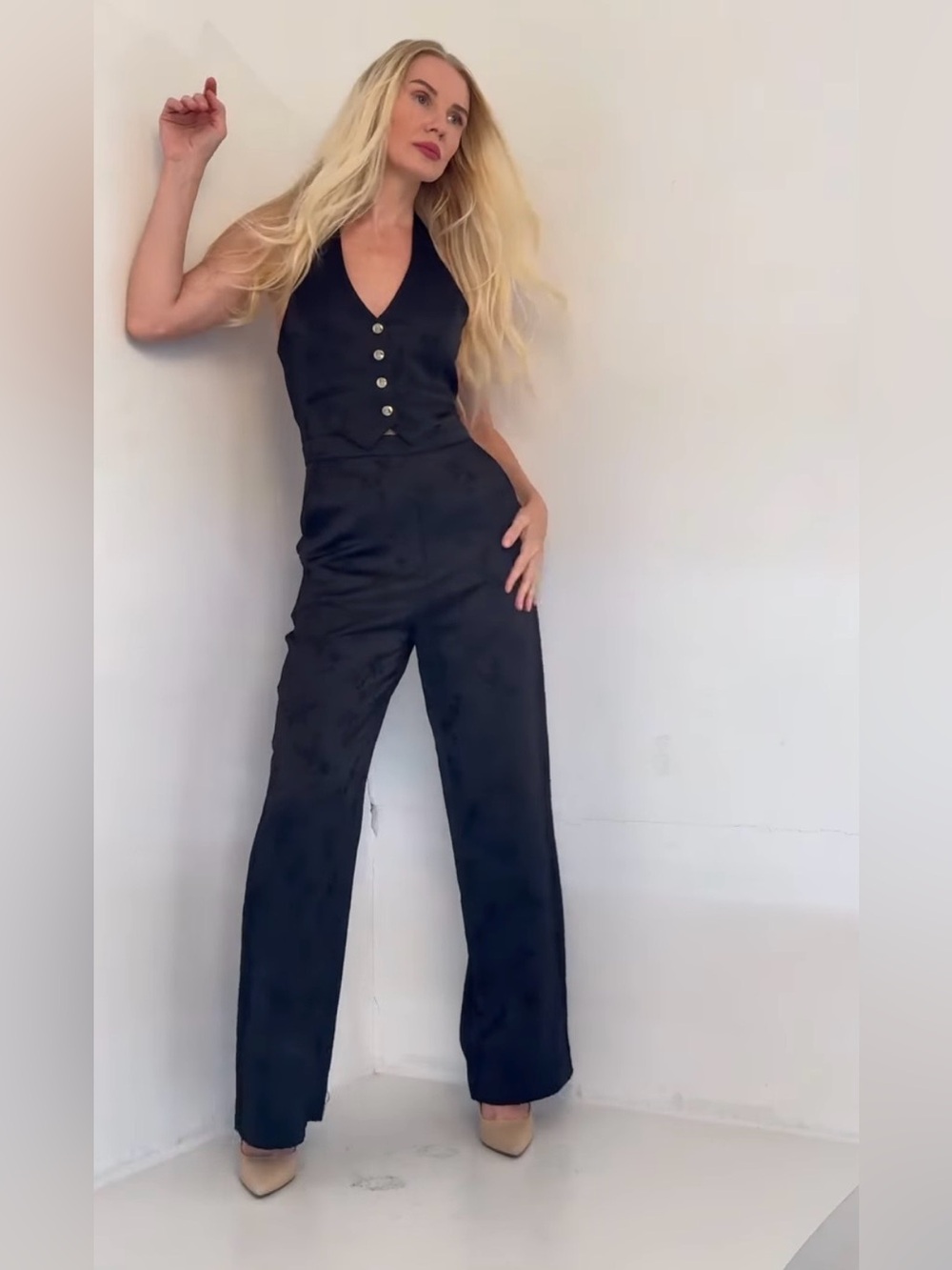 Zara Classic Black Halter Jumpsuit with Button Front